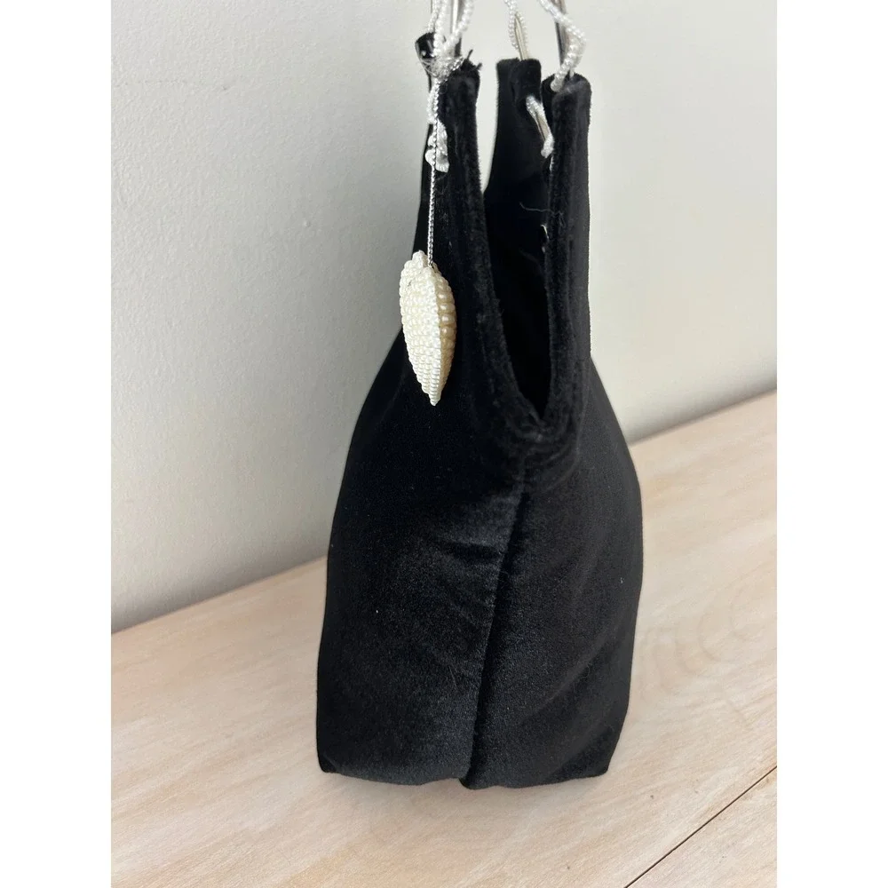 Victoria's Secret Black Velvet Evening Bag Beaded Ring Handle Pearl Heart Charm